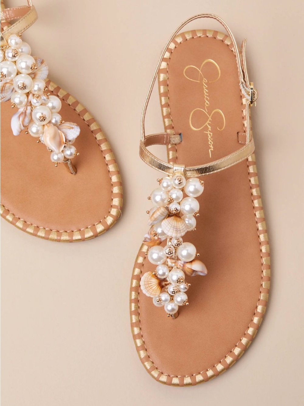 Jessica Simpson Gold Pearl & Shell Embellished T-Strap Sandals